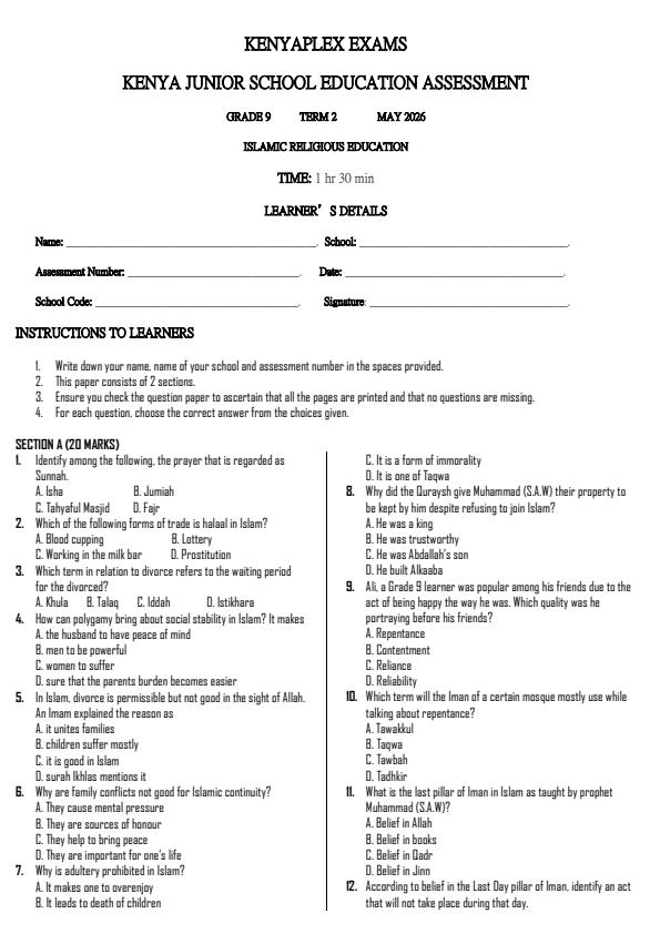 Preview page Grade-9-Islamic-Religious-Education-Term-2-Opener-Exam-2026_5635_0.jpg