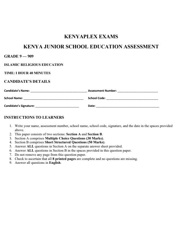 Preview page Grade-9-Islamic-Religious-Education-Term-3-Opener-Exam-2026_6526_0.jpg