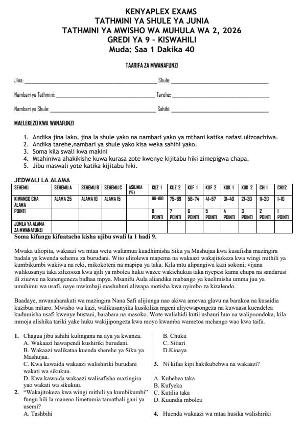Preview page Grade-9-Kiswahili-Paper-1-End-Term-2-Exam-2026_6123_0.jpg