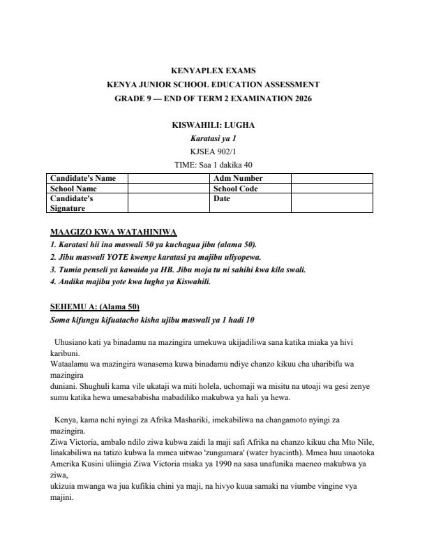 Preview page Grade-9-Kiswahili-Paper-1-July-Assessement-Examination-2026_6386_0.jpg