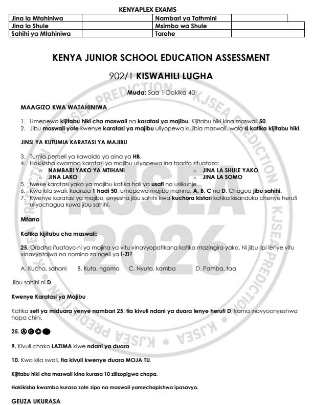 Preview page Grade-9-Kiswahili-Paper-1-KJSEA-Prediction-2-Exam-2026_6622_0.jpg