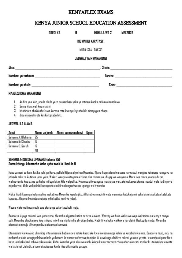 Preview page Grade-9-Kiswahili-Paper-1-Term-2-Opener-Exam-2026_5636_0.jpg