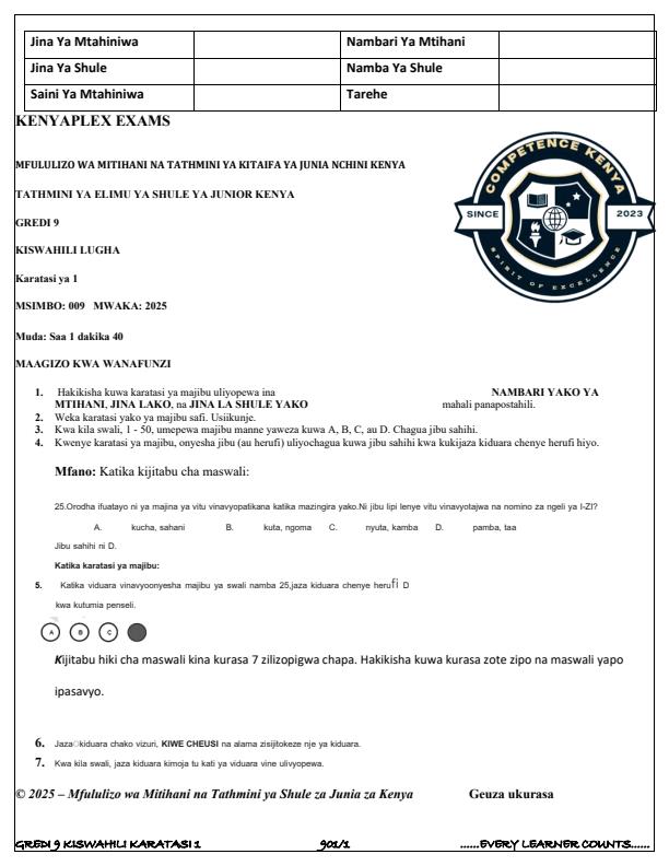 Preview page Grade-9-Kiswahili-Paper-1-Term-3-Opener-Exam-2025_4570_0.jpg