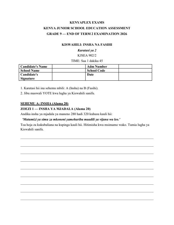 Preview page Grade-9-Kiswahili-Paper-2-July-Assessment-Examination-2026_6387_0.jpg