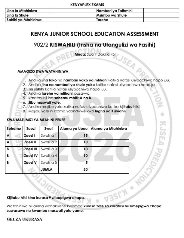 Preview page Grade-9-Kiswahili-Paper-2-KJSEA-Prediction-2-Exam-2026_6623_0.jpg