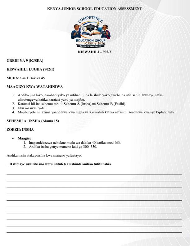 Preview page Grade-9-Kiswahili-Paper-2-KJSEA-Prediction-Exam-2026_6396_0.jpg