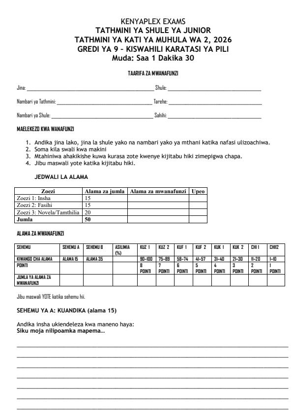 Preview page Grade-9-Kiswahili-Paper-2-Mid-Term-2-Exam-2026_5907_0.jpg