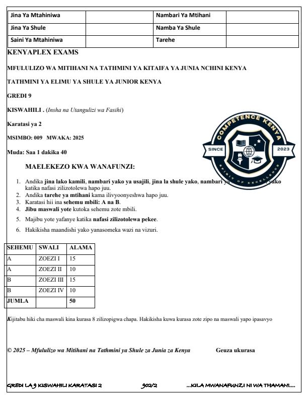 Preview page Grade-9-Kiswahili-Paper-2-Term-3-Opener-Exam-2025_4571_0.jpg