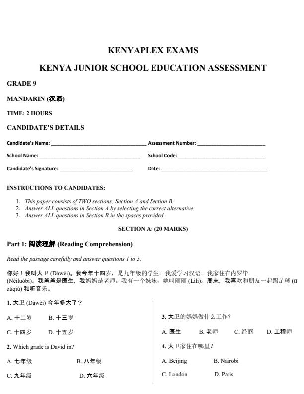 Preview page Grade-9-Mandarin-Term-3-Opener-Exam-2026_6529_0.jpg