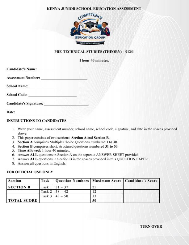 Preview page Grade-9-Pre-Technical-Studies-KJSEA-Prediction-Exam-2026_6399_0.jpg
