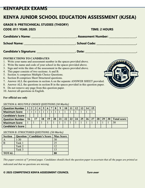 Preview page Grade-9-Pre-Technical-Studies-Paper-1-End-of-Term-3-KJSEA-Prediction-Exam-2025_4864_0.jpg