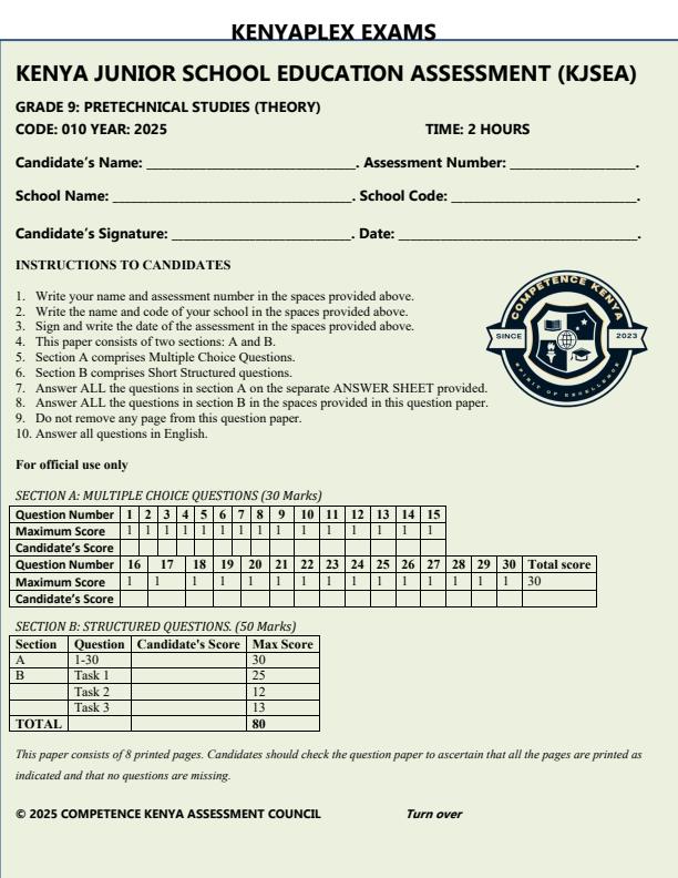 Preview page Grade-9-Pre-Technical-Studies-Paper-1-Mid-Term-3-Exam-2025_4698_0.jpg