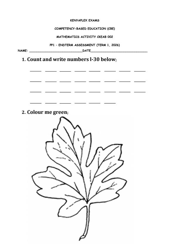Preview page Grade-Pre--Primary-1-Mathematics-Activity-End-Terrm-1-Exam-2026_5330_0.jpg