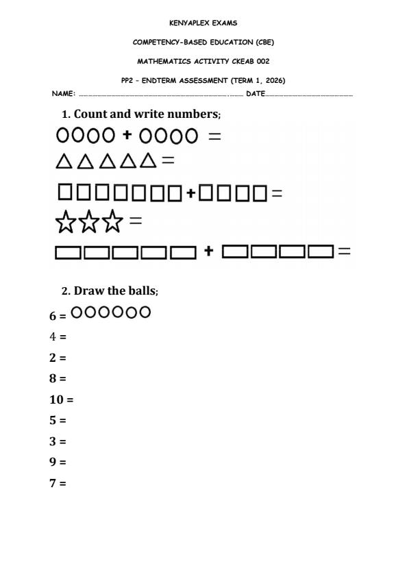 Preview page Grade-Pre--Primary-2-Mathematcis-Activity-End-Term-1-Exam-2026_5335_0.jpg