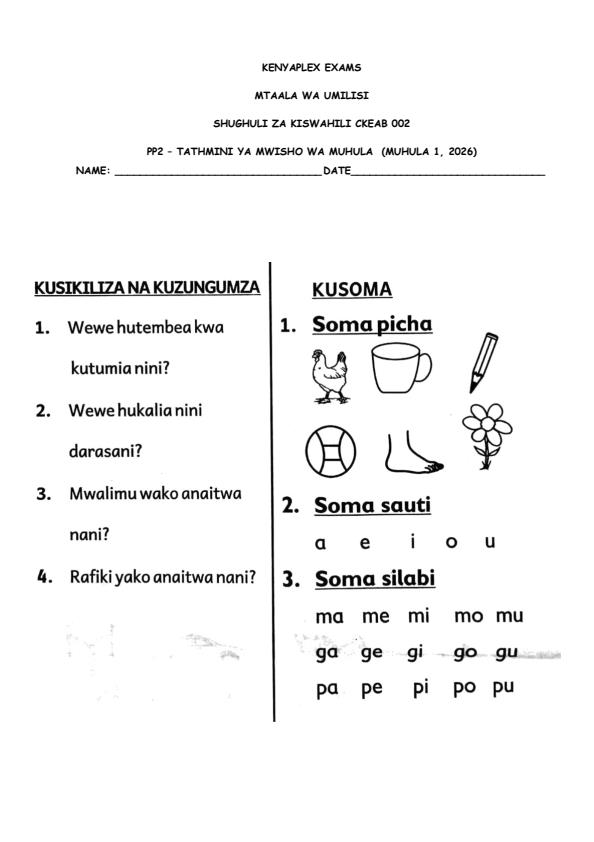 Preview page Grade-Pre--Primary-2-Shughuli-za-Kiswahili-End-Term-1-Exam-2026_5337_0.jpg