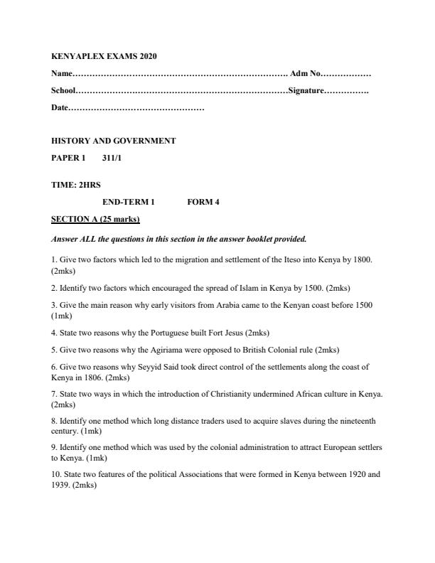 Preview page History-and-Government-Paper-1-Form-4-End-of-Term-1-Examination-2020_595_0.jpg