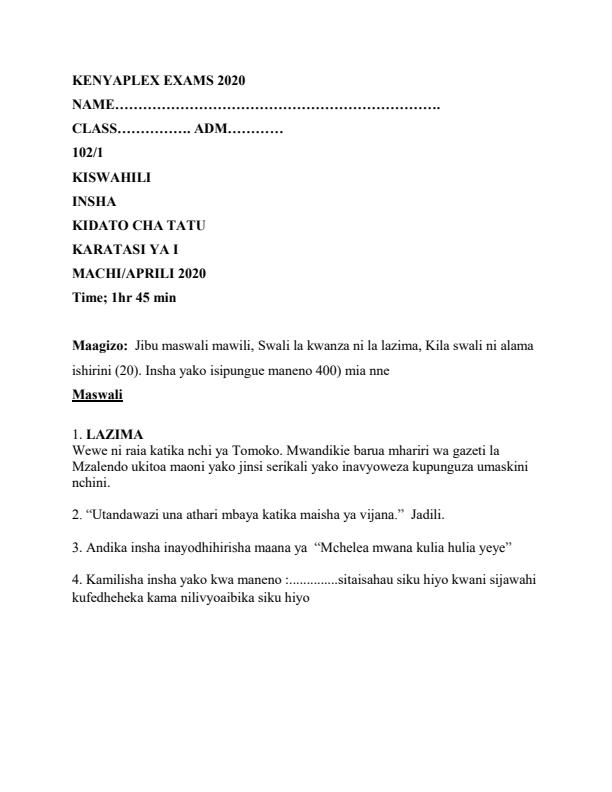 Preview page Kiswahili-Paper-1-Form-3-End-of-Term-1-Examination-2020_601_0.jpg