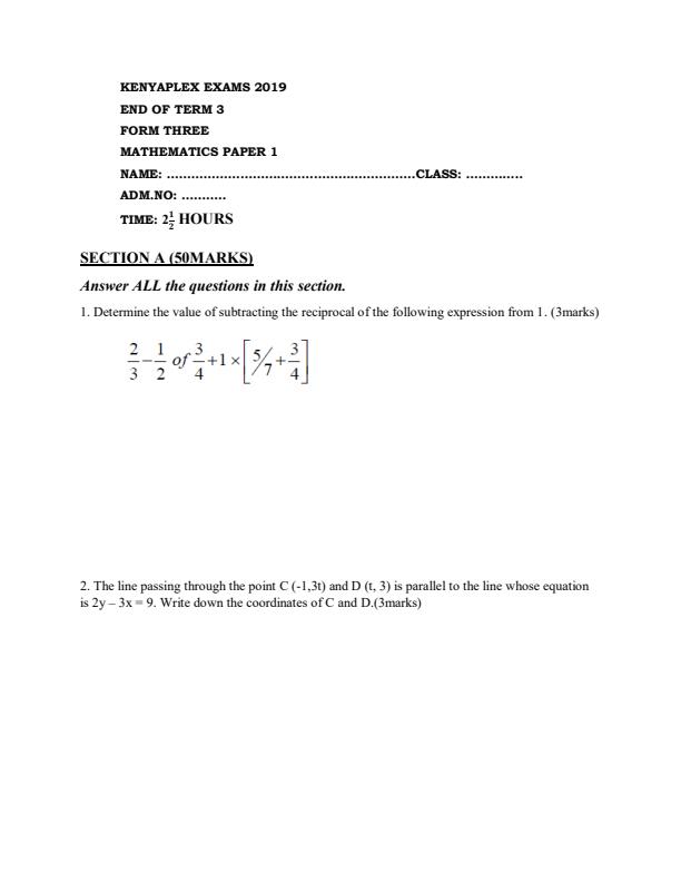 Preview page Mathematics-Form-3-End-of-Term-3-Paper-1-Examination-2019_369_0.jpg