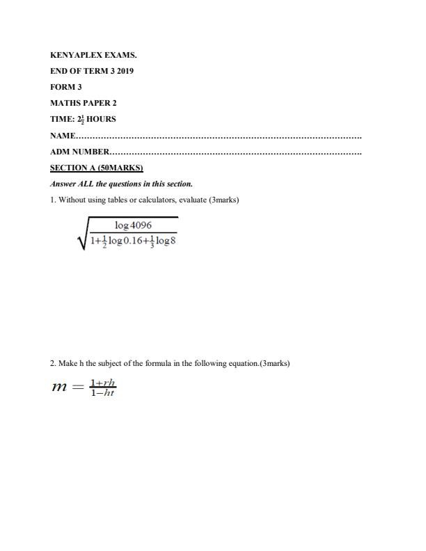 Preview page Mathematics-Form-3-End-of-Term-3-Paper-2-Examination-2019_370_0.jpg
