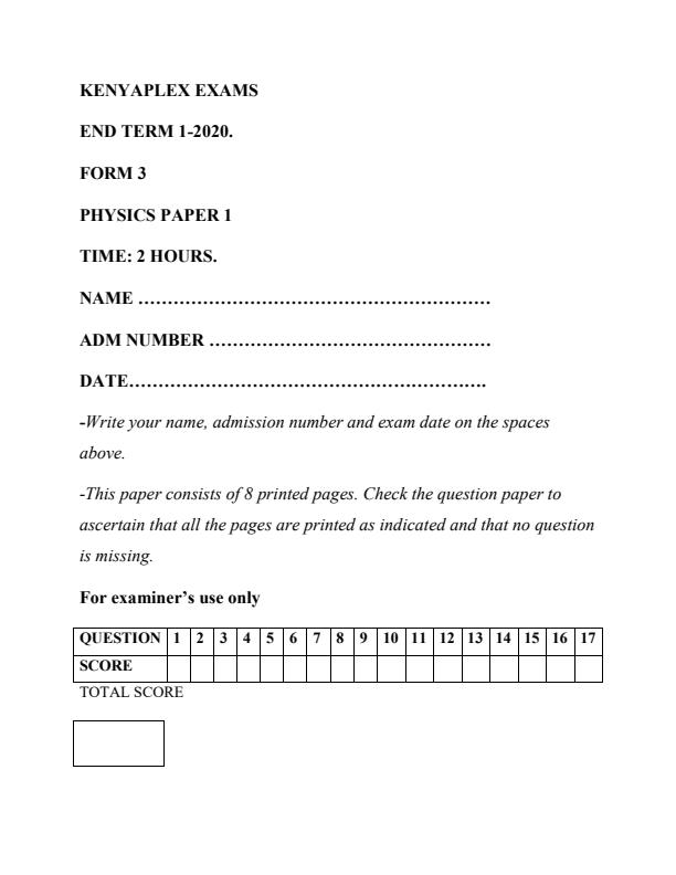 Preview page Physics-Paper-1-Form-3-End-of-Term-1-Examination-2020_630_0.jpg