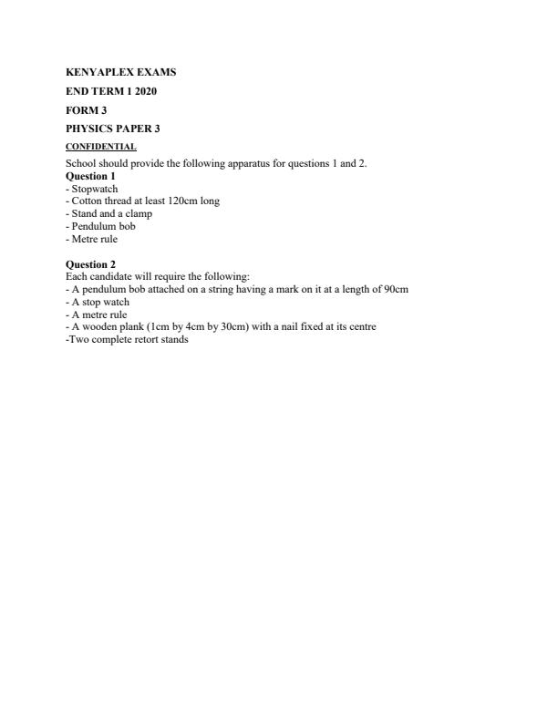 Preview page Physics-Paper-3-Confidential-Paper-Form-3-End-of-Term-1-Examination-2020_707_0.jpg