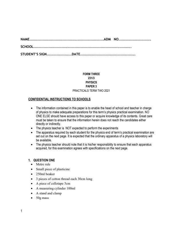 Preview page Physics-Paper-3-Confidential-Paper-Form-3-End-of-Term-2-Examination-2021_971_0.jpg