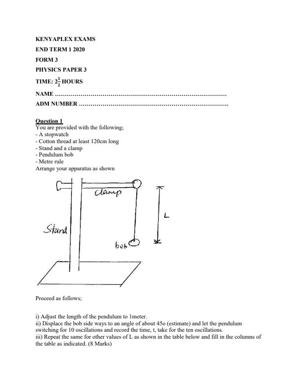 Preview page Physics-Paper-3-Form-3-End-of-Term-1-Examination-2020_706_0.jpg