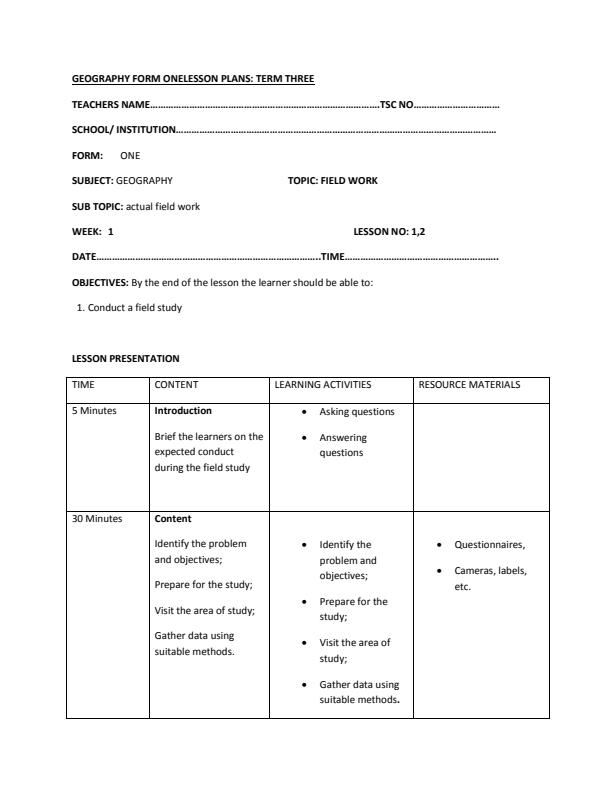 Form 1 Geography Lesson Plans 154