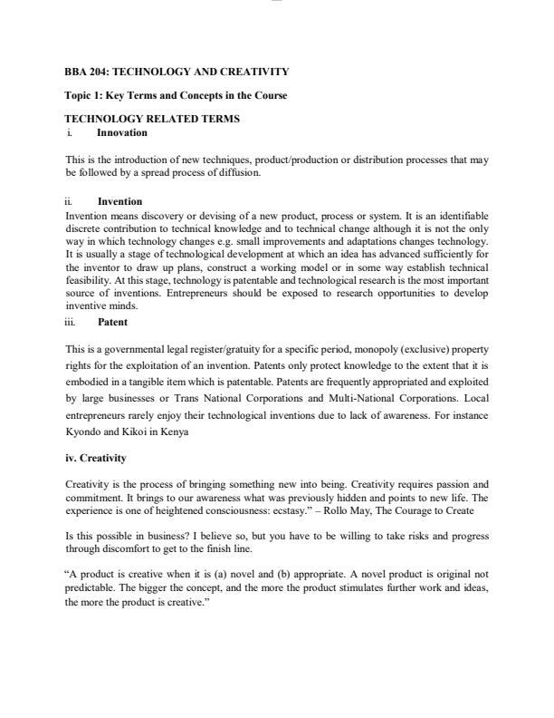 Page 1 –  BBA 204: Technology and Creativity Notes – Kenyaplex