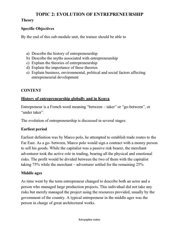 Page 1 – Evolution of Entrepreneurship Notes – Kenyaplex
