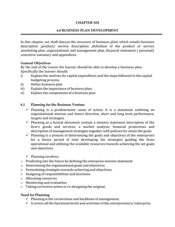 Page 1 – Business Plan Development Notes – Kenyaplex