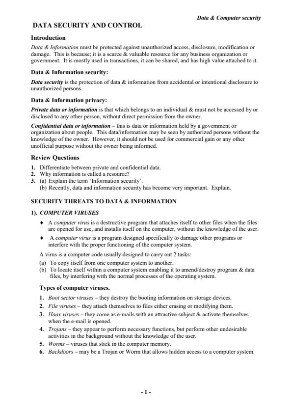 Page 1 – Data Security and System Control Notes – Kenyaplex