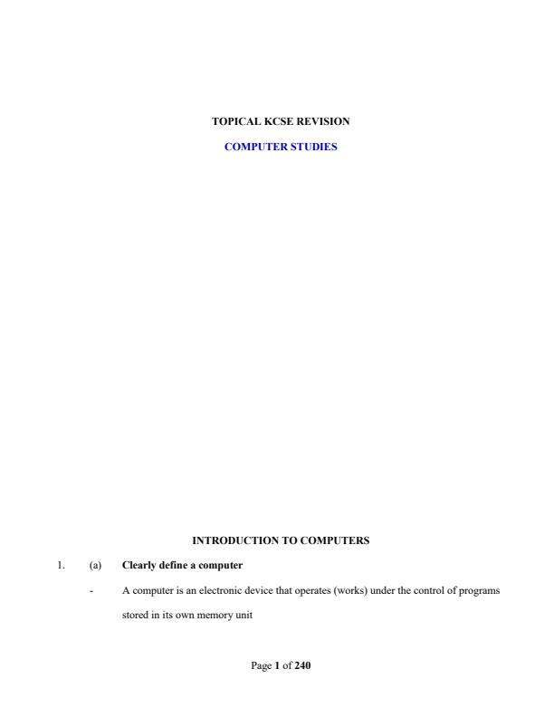 Page 1 – High School Computer Studies Revision Questions With Answers – Kenyaplex