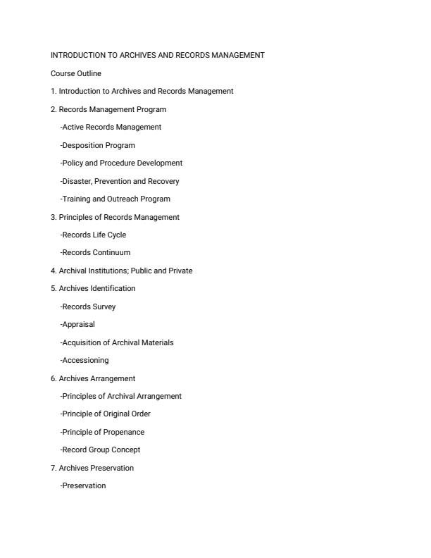 Page 1 – INS 116: Introduction to Archives and Records Management Course Outline – Kenyaplex