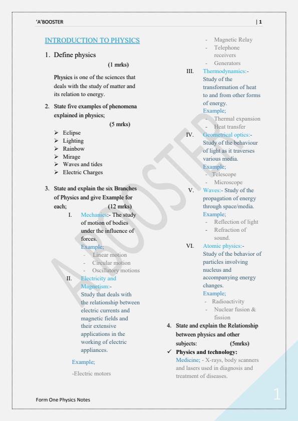 Page 1 – Physics Form One Quick Revision: Questions and Answers – Kenyaplex