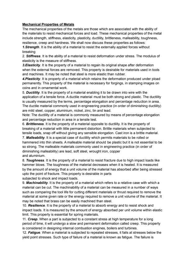Page 1 – Mechanical Properties of Metals Notes – Kenyaplex