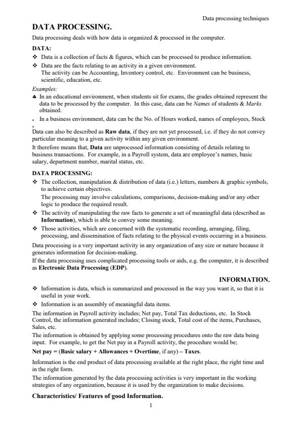 Page 1 – I.C.T Notes on Data Processing Techniques – Kenyaplex