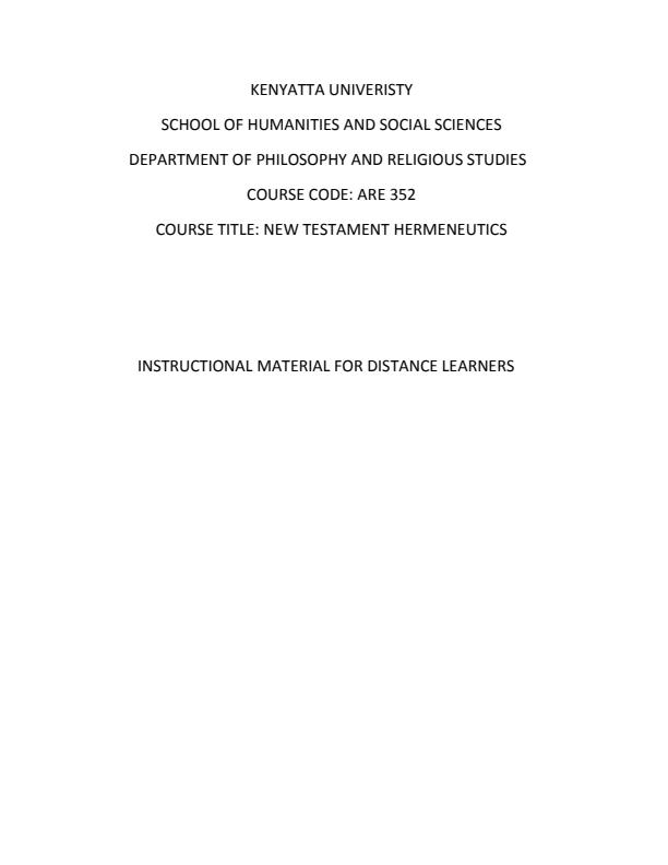Page 1 – ARE 352: New Testament Hermeneutics Notes – Kenyaplex