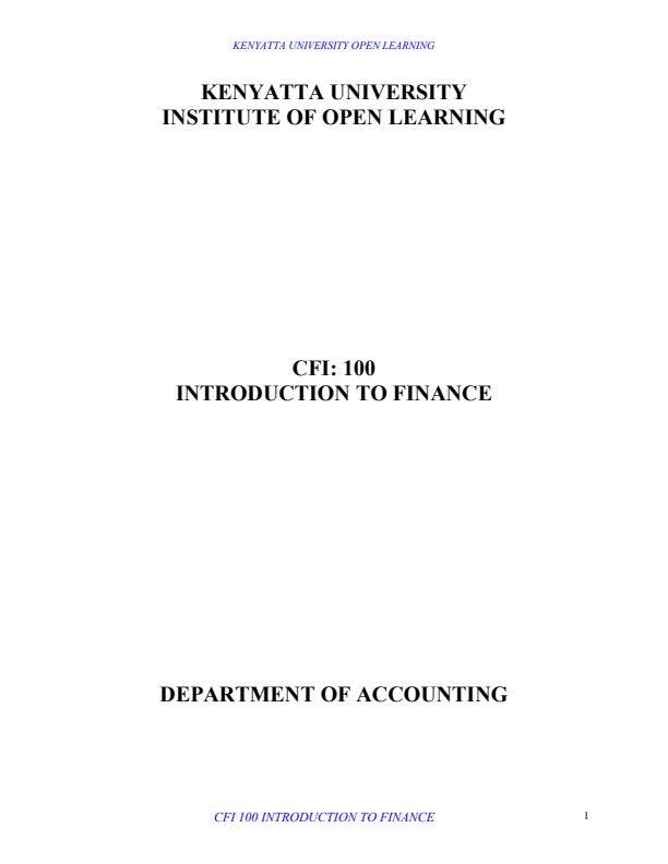 Page 1 – CFI 110: Introduction to Finance Notes – Kenyaplex
