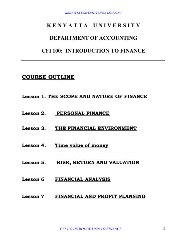 Page 2 – CFI 110: Introduction to Finance Notes – Kenyaplex