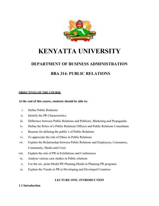 Page 1 – BBA 314: Public Relations Notes – Kenyaplex