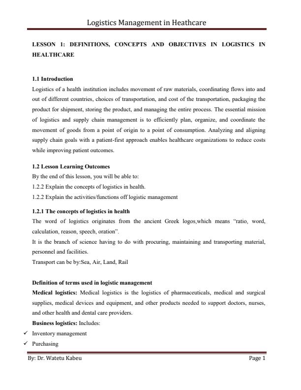 Page 1 – PHM 408:Logistics in Healthcare Notes – Kenyaplex
