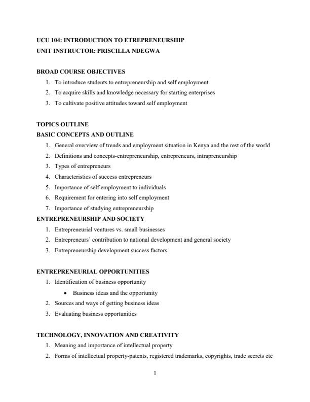 Page 1 – UCU 104: Introduction to Entrepreneurship Lecture Notes – Kenyaplex