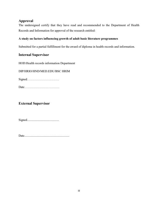 Page 3 – Health Record Research Project: A Study on Factors Influencing Development of Adult Basic Literacy Programmes in Winam Division, Kisumu East Sub County – Kenyaplex