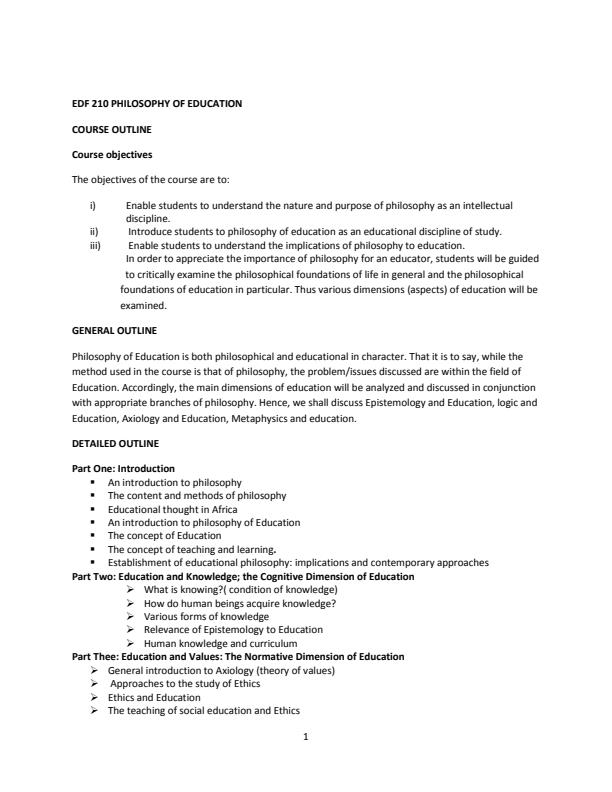 Page 1 – EDF 210: Philosophy of Education Notes – Kenyaplex