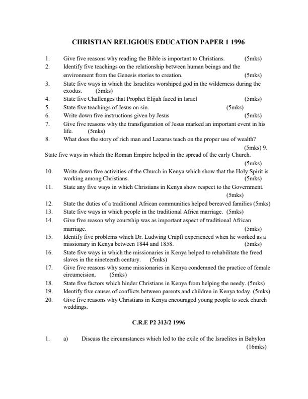 Page 1 – Secondary CRE Revision Questions and Answers – Kenyaplex
