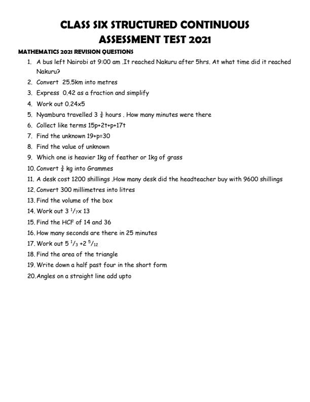 Page 1 – Class Six Structured Revision Questions for all Subjects – Kenyaplex