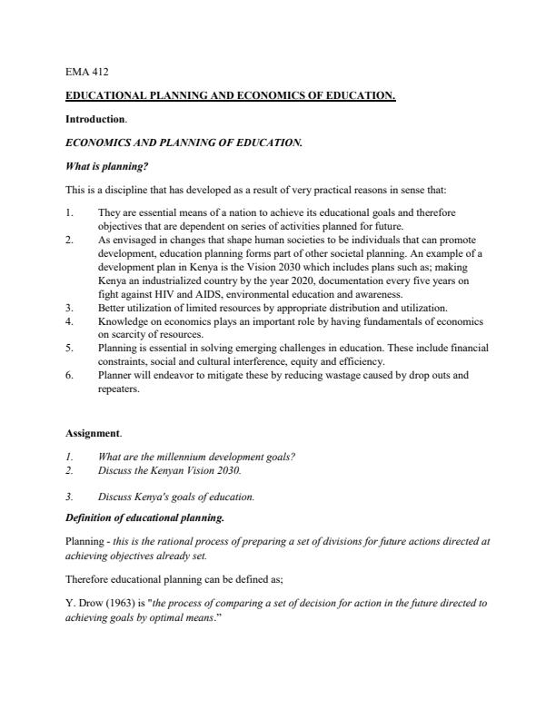 Page 1 – EMA 412 Educational Planning and Economics of Education Notes – Kenyaplex