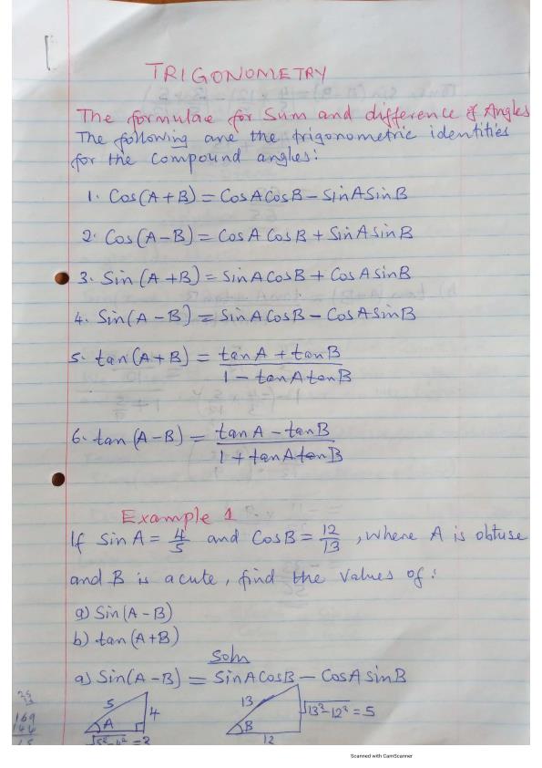 Page 1 – Trigonometric Identities and Formulas Handwritten Notes – Kenyaplex