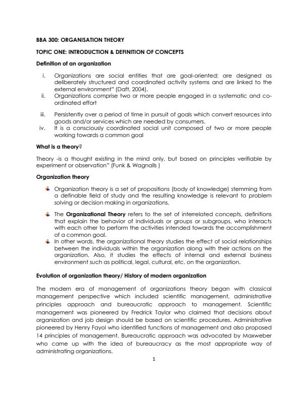 Page 1 – BBA 300: Organization Theory Notes – Kenyaplex